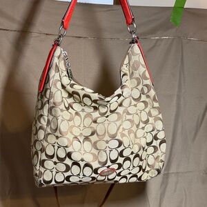 Coach Celeste Convertible Beige and Red Patterned Hobo Bag